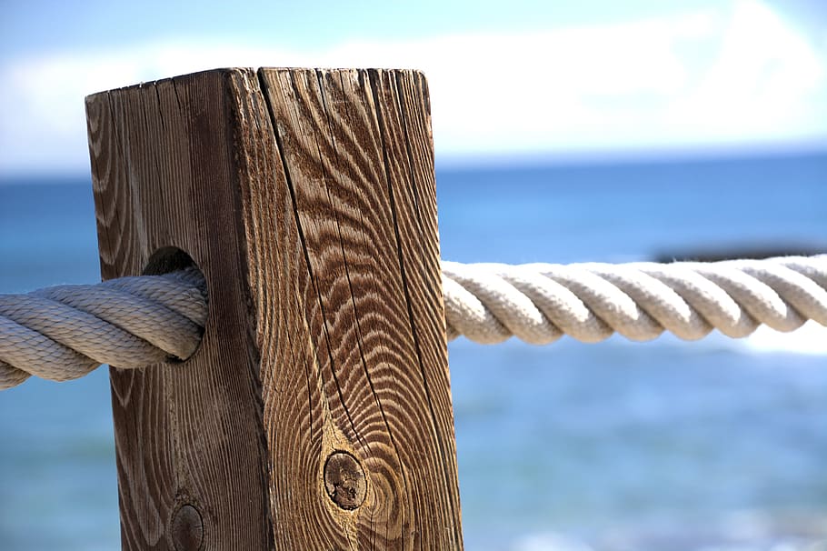 seaside, sky, post, wood, rope, ocean, summer, shore, vacation, HD wallpaper