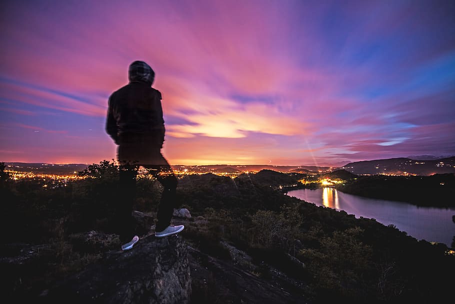 Man in Black Jacket Standing on Rocky Ground, boy, city, lights HD wallpaper