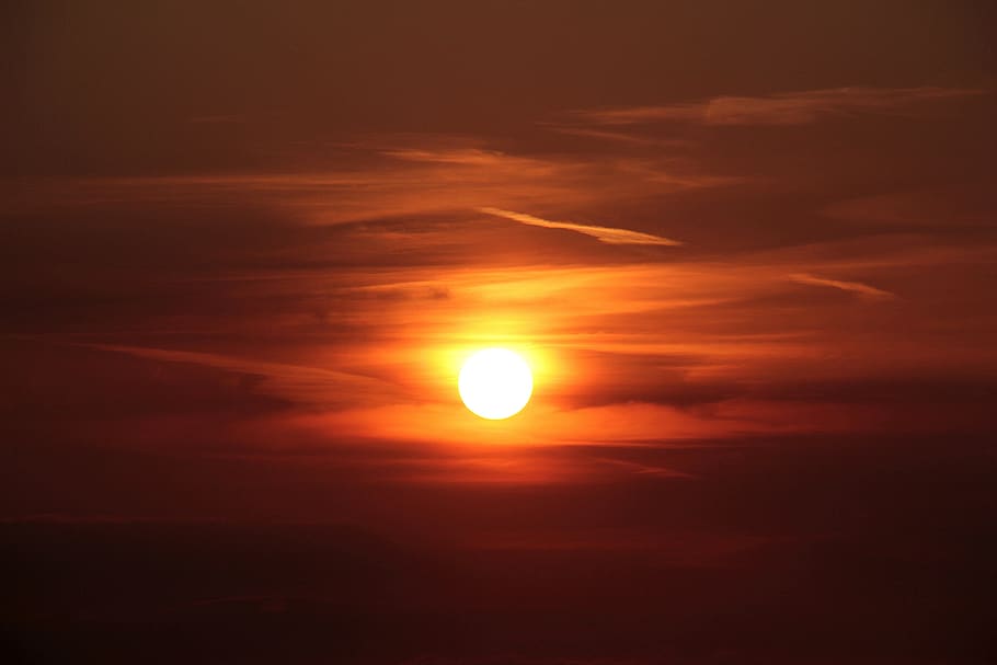 Orange Sun during Sunset, bright, clouds, dawn, light, nature HD wallpaper