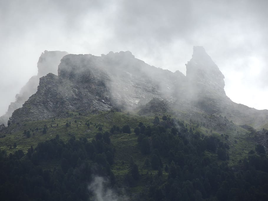 france, modane, trees, alps, landscape, rock, cloud, cloudy HD wallpaper