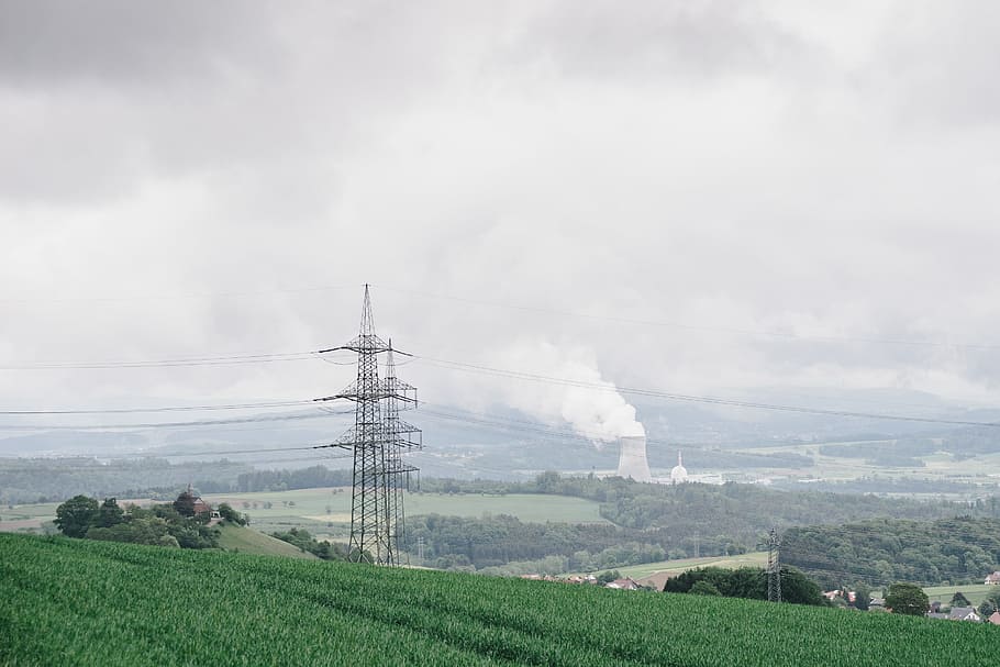 Leibstadt Nuclear Power Plant from a distance, blue sky, border HD wallpaper