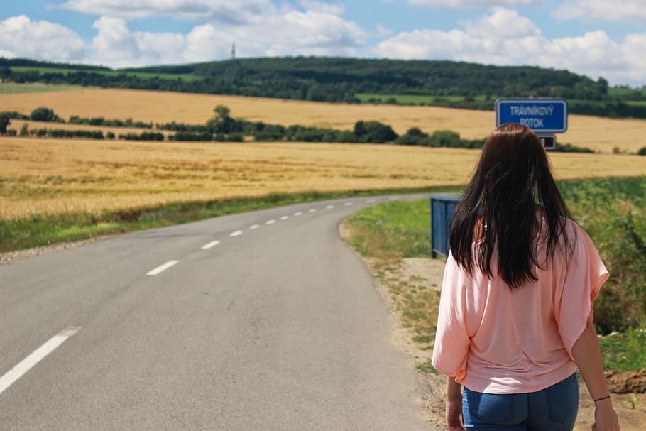 Back View of Woman on Road Against Sky, asphalt, daylight, environment HD wallpaper