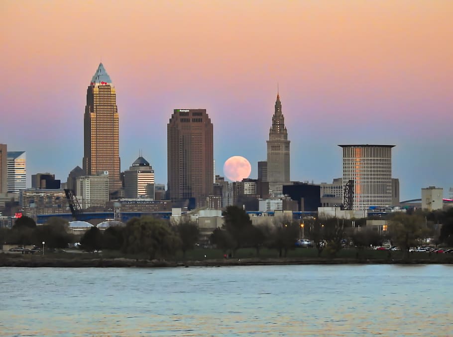 cleveland, united states, full moon, supermoon, architecture, HD wallpaper