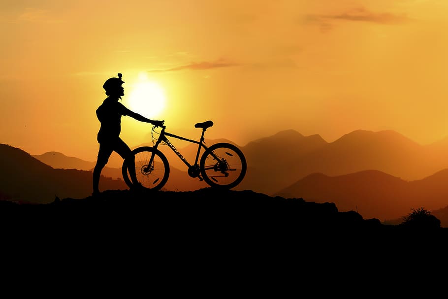 Silhouette Photography of Biker on Top of Hill, backlit, bicycle HD wallpaper