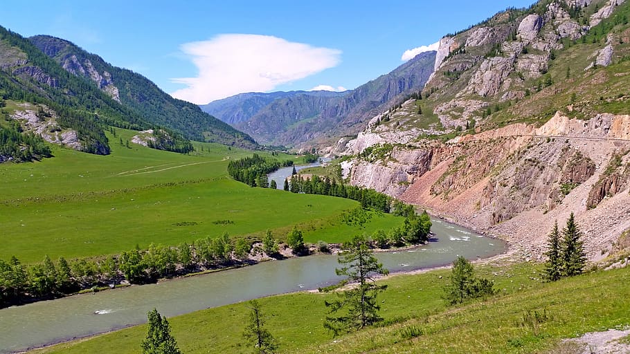altai, river, mountains, panorama, landscape, siberia, travel, HD wallpaper
