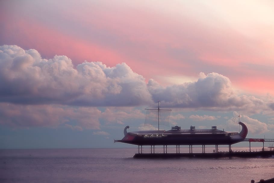 sunset, ship, pink, sea, clouds, dream, dreamy, cloud - sky HD wallpaper