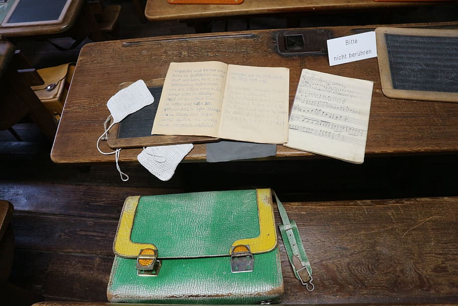 satchel, scriptures, writing slate, museum, antique, school bank HD wallpaper