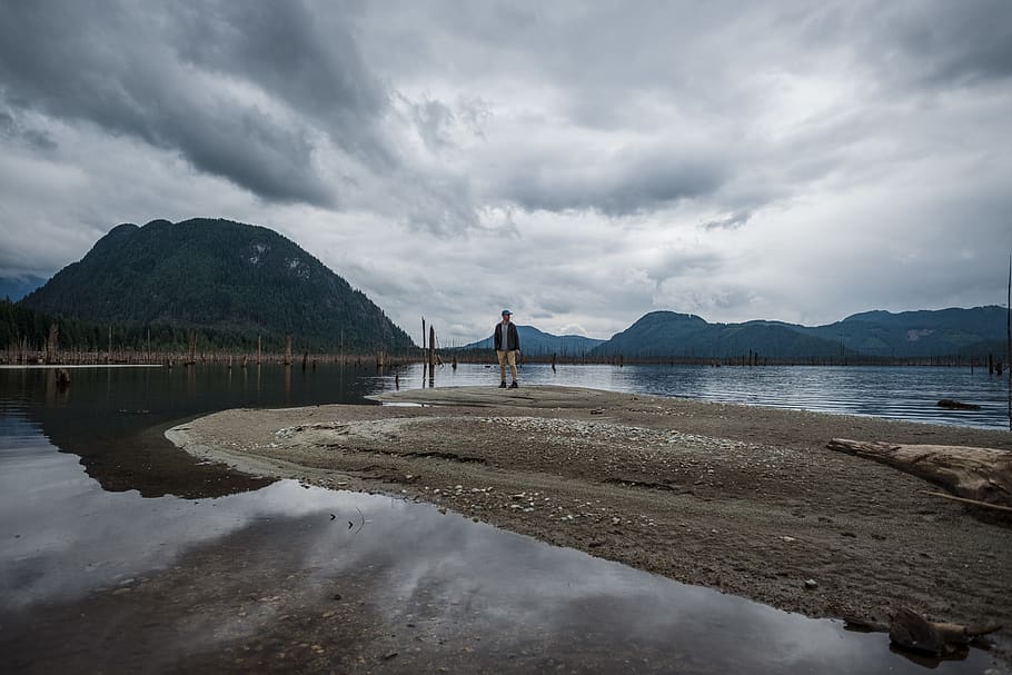 trees, lake, sand, mountians, clouds, person, outdoors, nature HD wallpaper