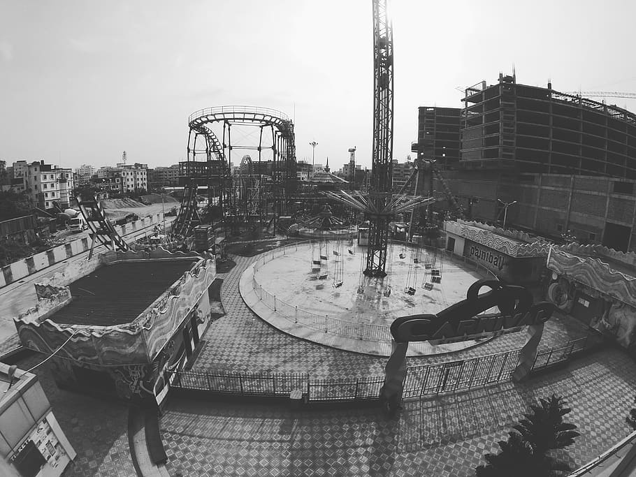 dhaka, bangladesh, jamuna future park, empty, theme park, black and white, HD wallpaper