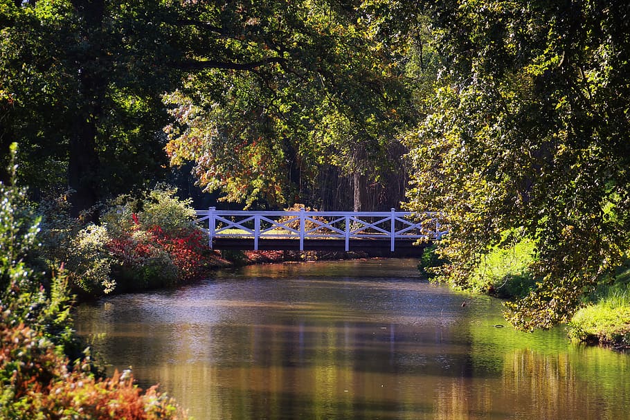 bridge, river, landscape, romantic, nature, water, atmospheric HD wallpaper