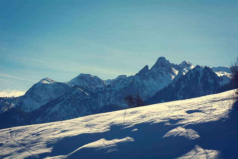 winter, landscape, wintry, snow, mountains, mountain peaks HD wallpaper