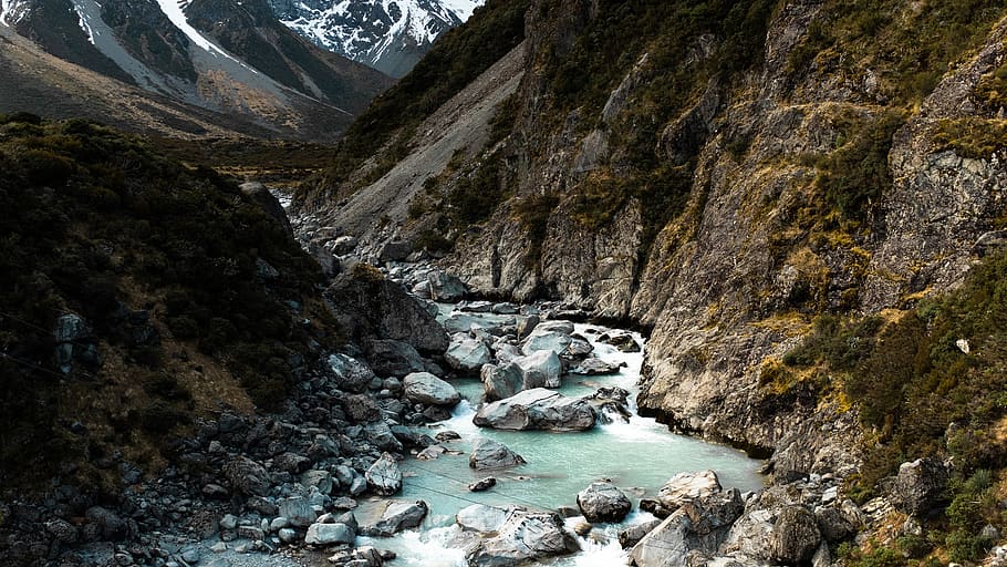 river between mountain, outdoors, glacier, ice, snow, nature HD wallpaper