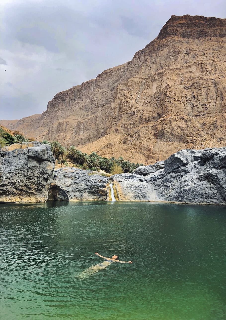 oman, wadi al arbeieen, alone, nature, swimming, woman, mountains