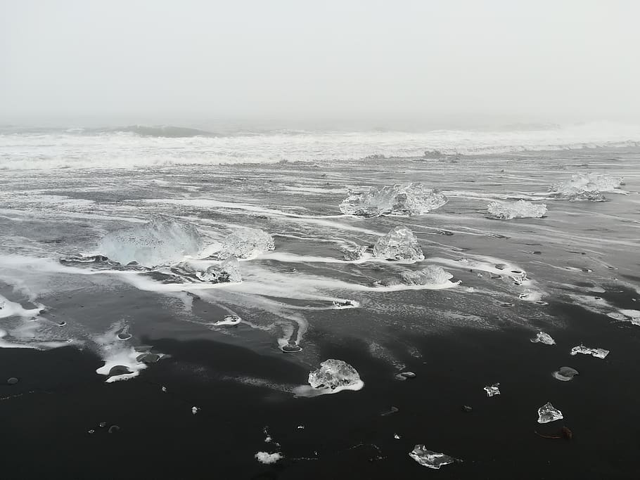 black sea, nature, ice, outdoors, water, ocean, iceland, diamond beach HD wallpaper