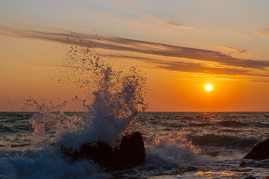 summer, wave, sea, storm, sunset, in the summer of, beach, coast HD wallpaper
