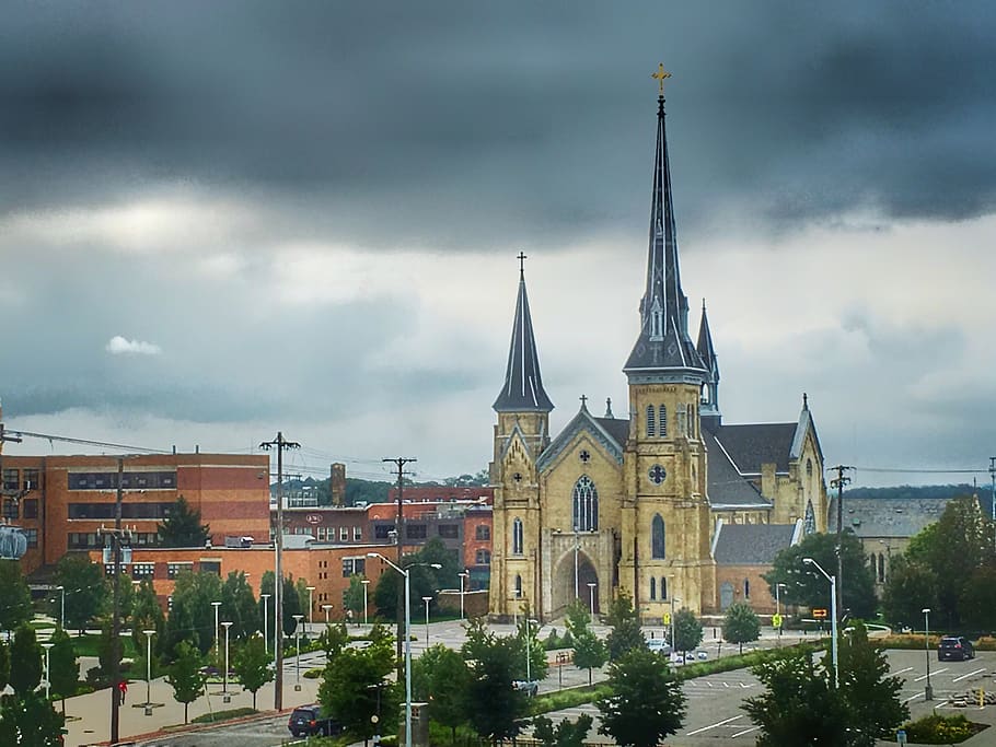 church, cathedral, steeple, grand rapids, michigan, overcast, HD wallpaper