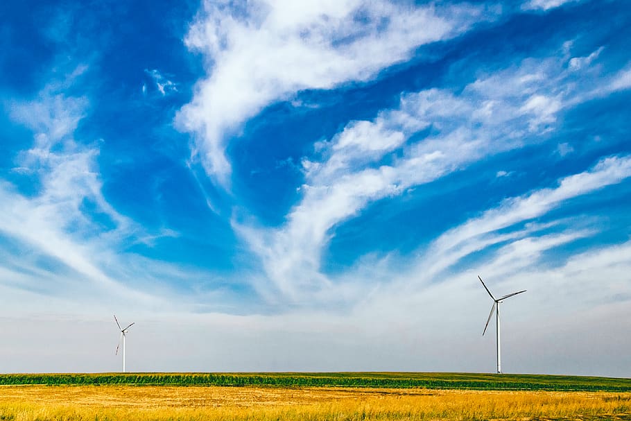 Two Wind Turbines Under Blue Sky, clouds, desktop backgrounds