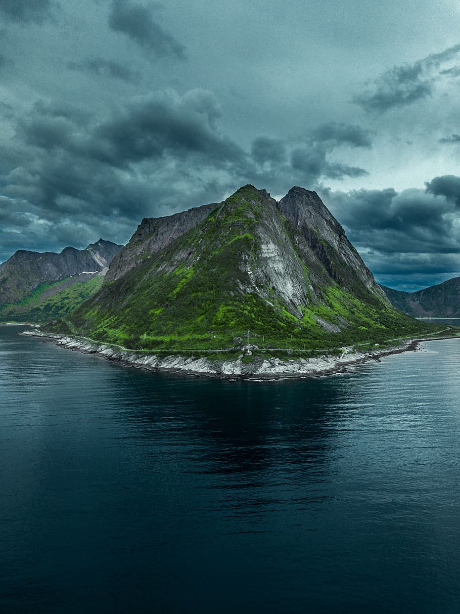 Green Mountains Near Shore, beach, clouds, cloudy sky, dramatic sky HD wallpaper
