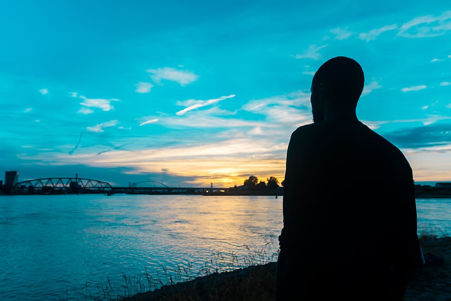 lake, man, sky, sunset, brigde, water, silhouette, one person HD wallpaper