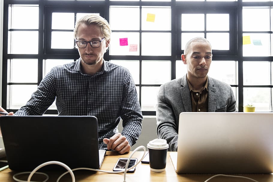 Two Men Using Laptop on the Table, beverage, coffee, colleagues HD wallpaper