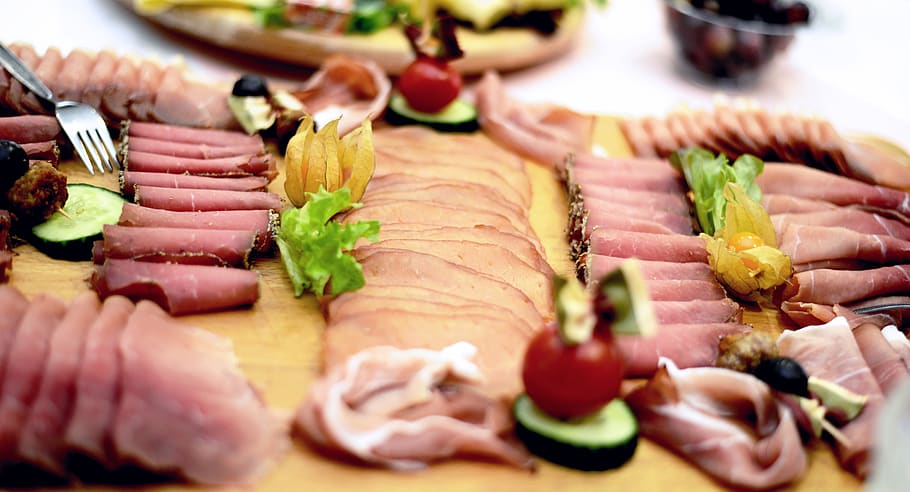 ham, meat, sausage, wurstplatte, ham plate, food, buffet, gastronomy HD wallpaper