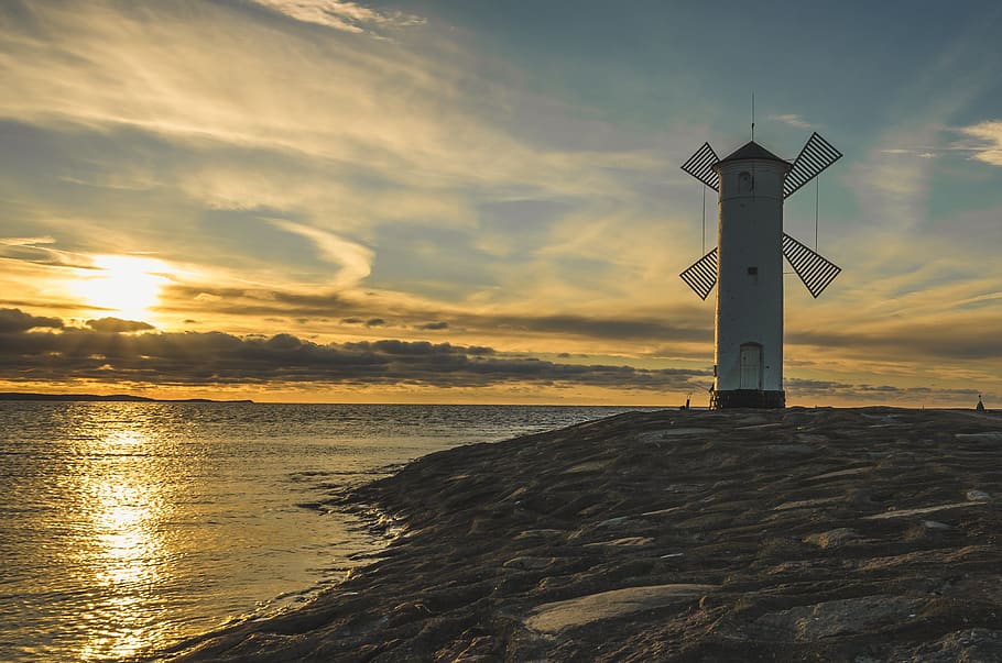sea, windmill, holidays, sky, clouds, landscape, twilight, wallpaper HD wallpaper