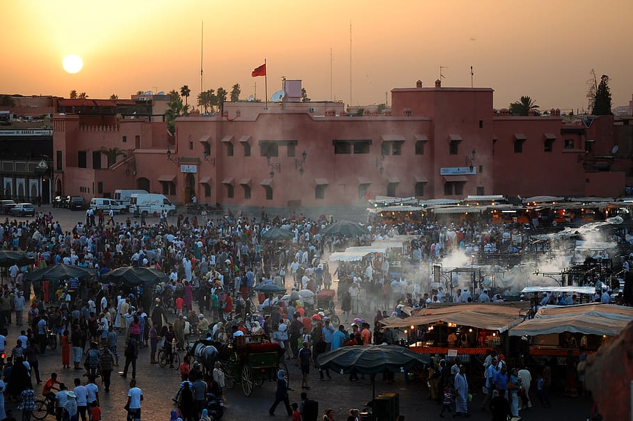 marrakech, morocco, crowd, architecture, sunset, large group of people HD wallpaper