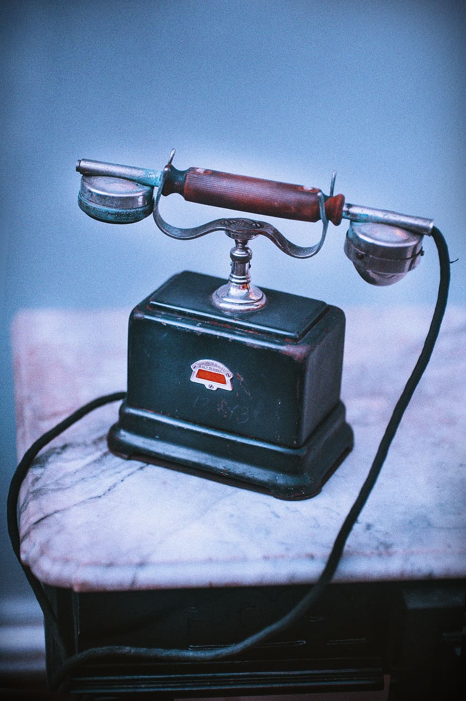 vintage blue and brown telephone on beige surface, table, old HD wallpaper