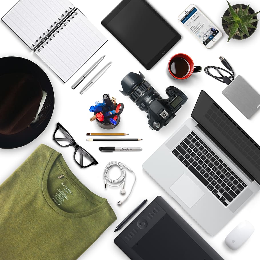 Black and White Laptop Computer, accessories, camera, flatlay