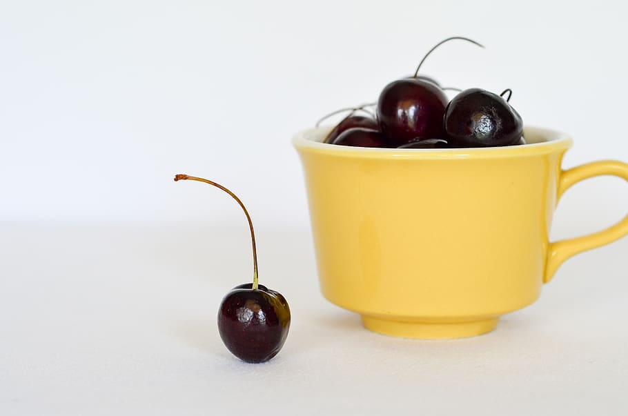 red cherry on yellow cup, food and drink, healthy eating, fruit HD wallpaper