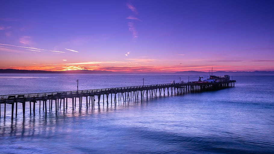 Silhouette Of Pier, capitola, dawn, jetty, ocean, sea, seascape HD wallpaper