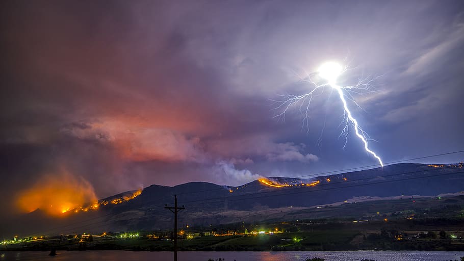 lightning strike , clouds, dark, dark clouds, evening, fire, horizon HD wallpaper