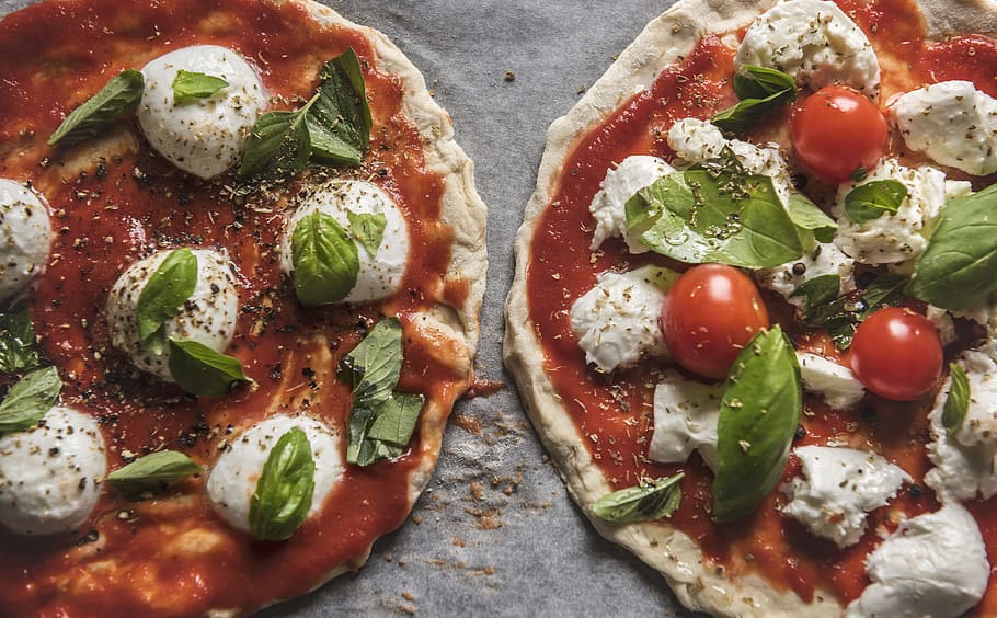 Pizza With Toppings, baked, basil, cheese, close-up, cook, cooking HD wallpaper