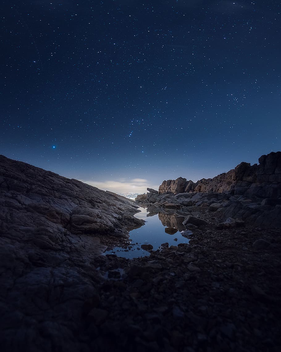 Rocky Mountain, evening, rocks, sky, stars, night, star - space HD wallpaper