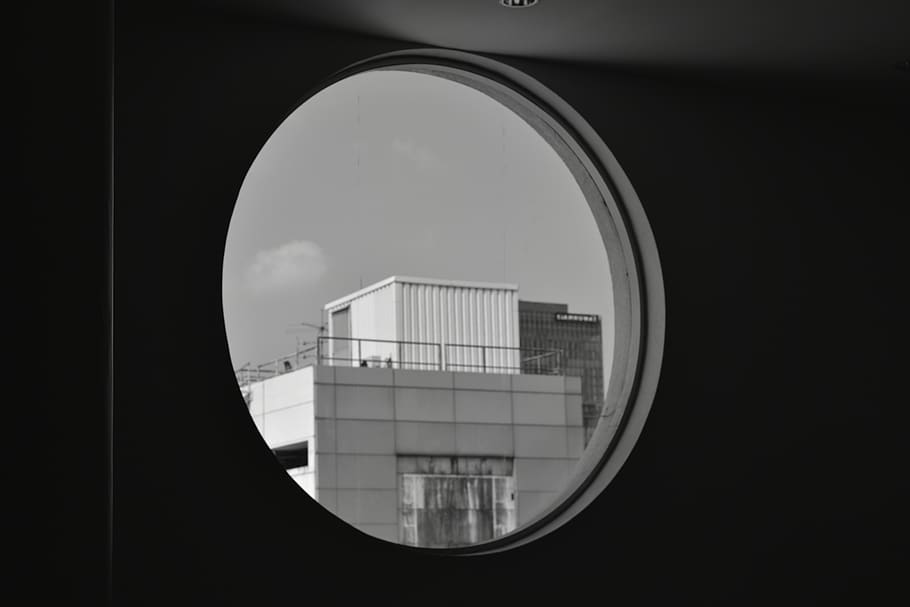 window, porthole, building, architecture, monochrome, black and white photo HD wallpaper