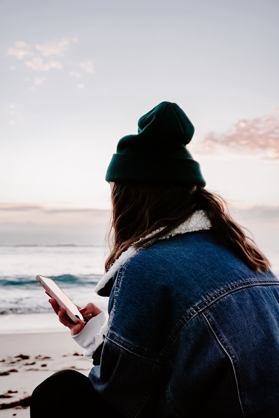 Woman Using Smartphone Beside Body Of Water, beach, ocean, person HD wallpaper
