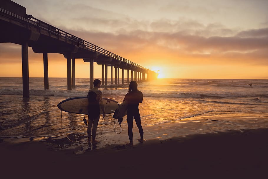 people, man, woman, surfer, surfing, sea, ocean, water, beach HD wallpaper
