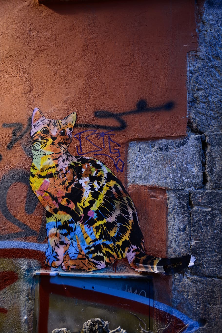 italy, metropolitan city of naples, street, street art, cat, HD wallpaper