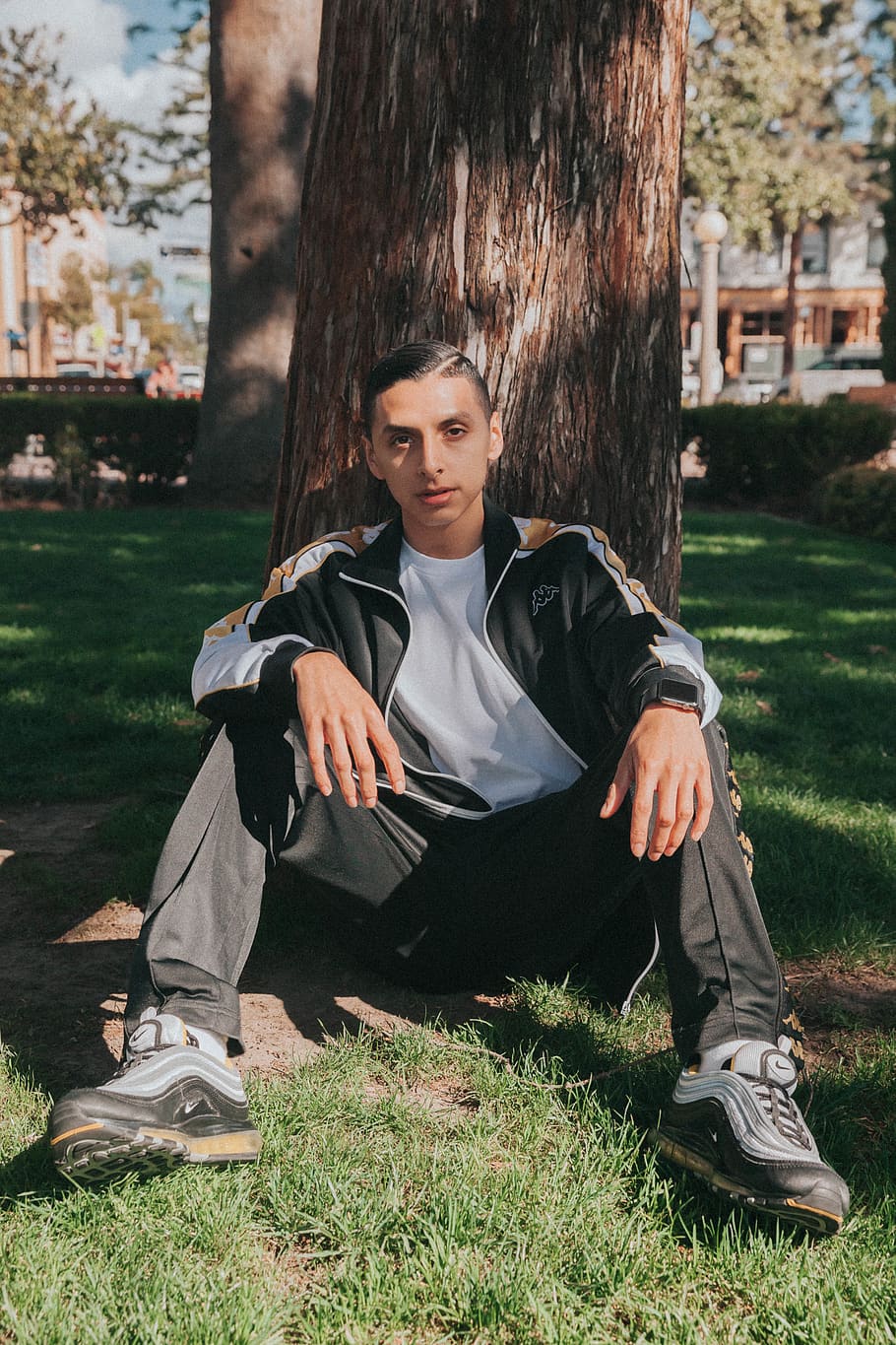 man sitting leaning on tree, clothing, apparel, footwear, shoe HD wallpaper