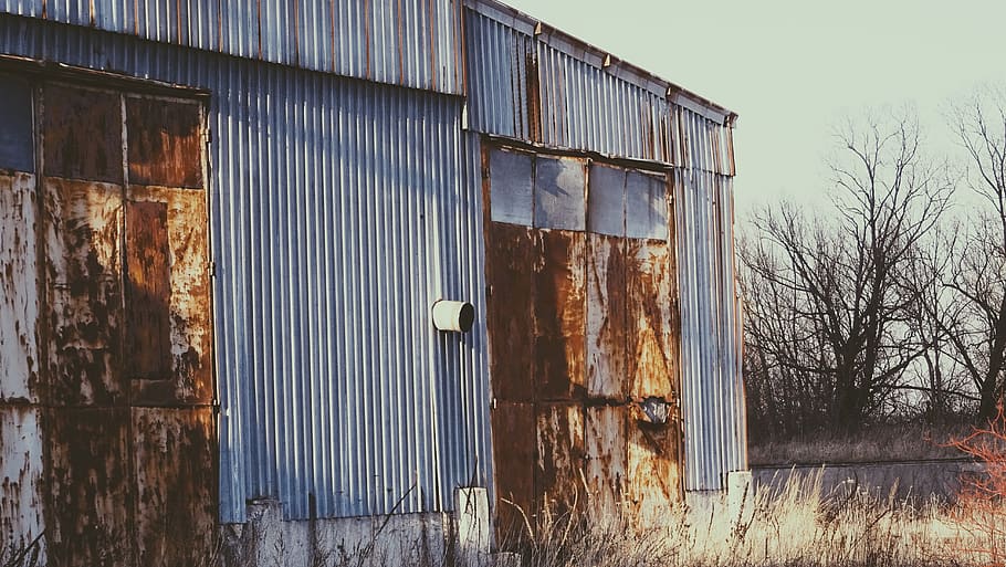 old, rusty, abandoned, building, tree, metal, door, built structure HD wallpaper
