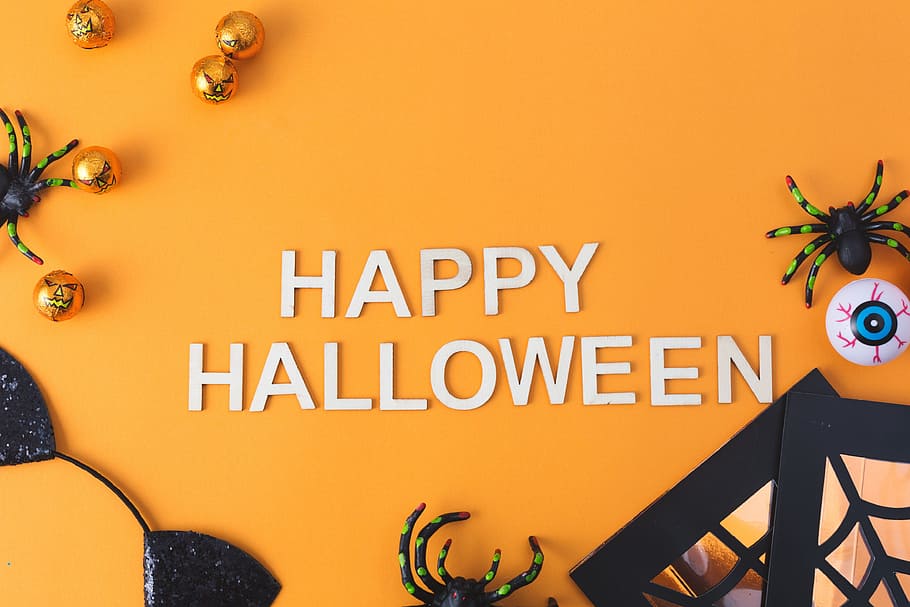 Happy Halloween On Orange Flatlay Photo, Emotion, Candy, text, HD wallpaper