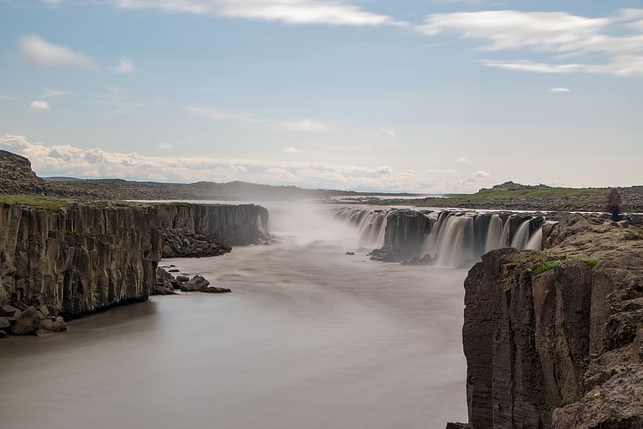 waterfall, iceland, cliffs, long exposure, nature, landscape HD wallpaper