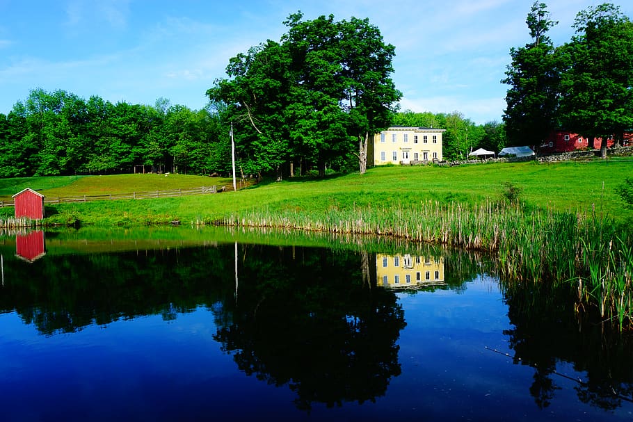 trees, lake, farm, new york, water, house, reflection, plant HD wallpaper