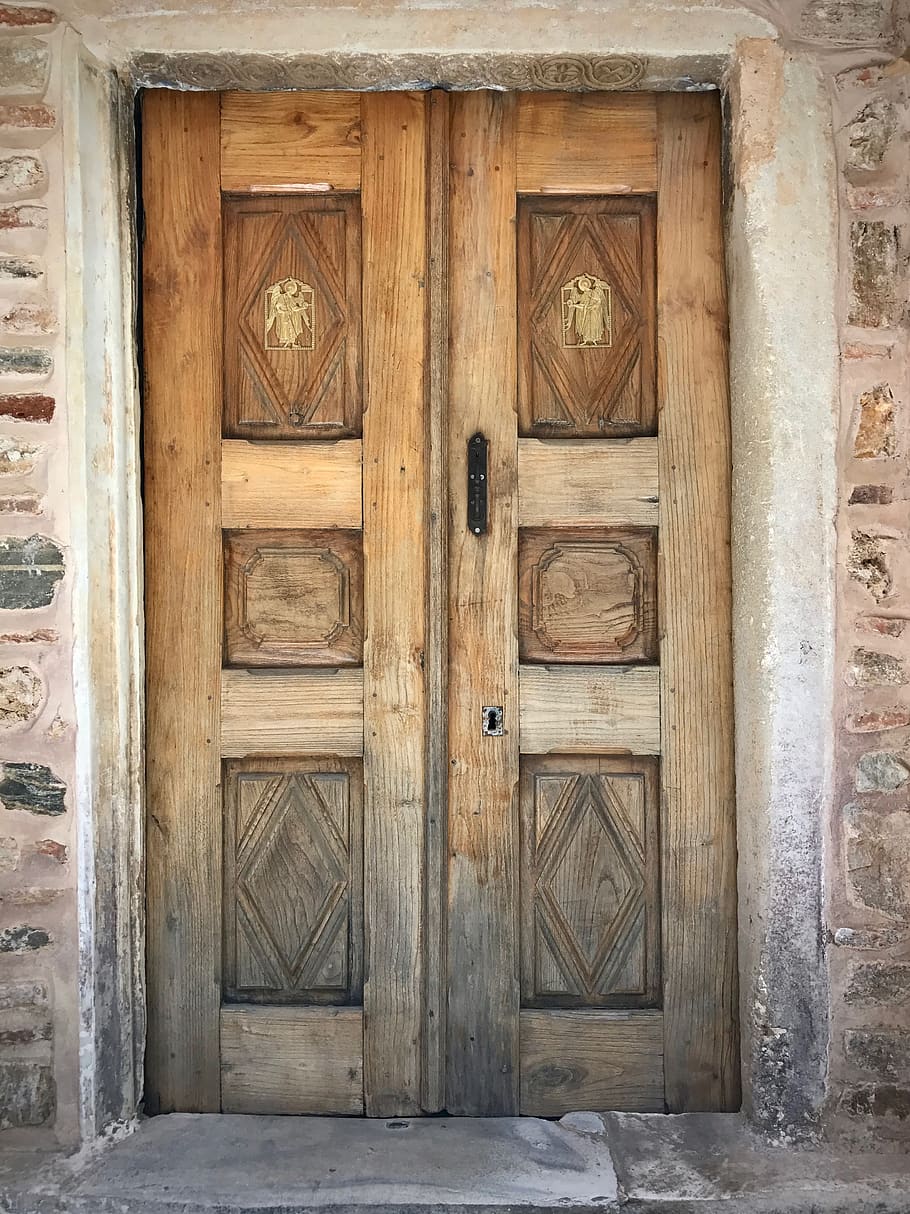 greece, mount athos, door, entrance, closed, architecture, wood - material, HD wallpaper