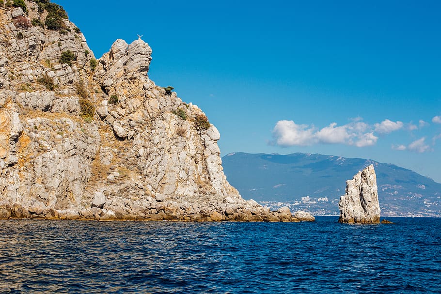 crimea, water, gaspra, rock, cliff, mountain, summer, see, sky HD wallpaper