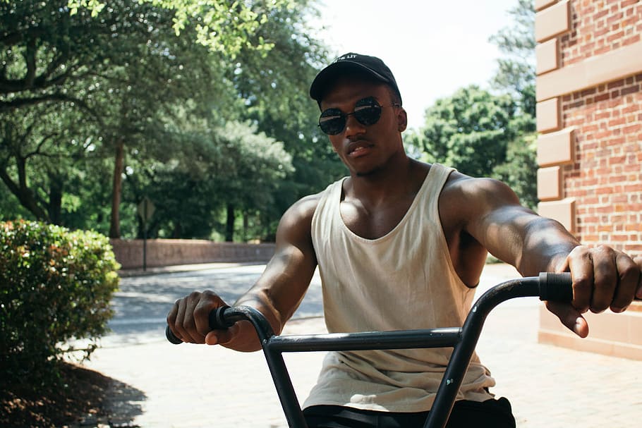 Man in White Tank Top Riding on Bicycle, adult, body, daylight HD wallpaper