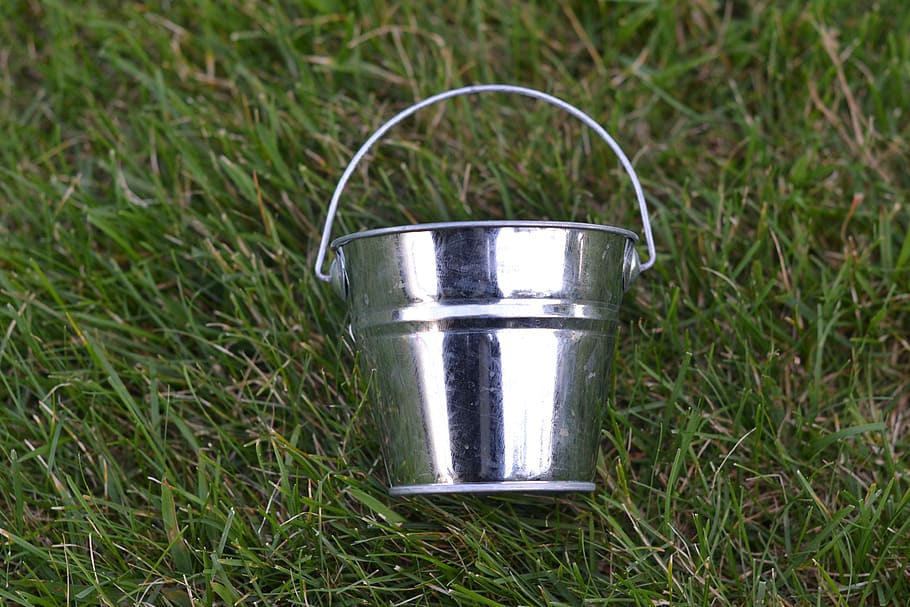 silver bucket, grass, galvanized bucket, plant, day, nature HD wallpaper