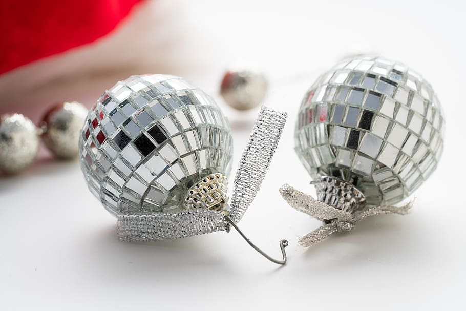 two silver-colored Christmas baubles, disco ball, sphere, close-up HD wallpaper