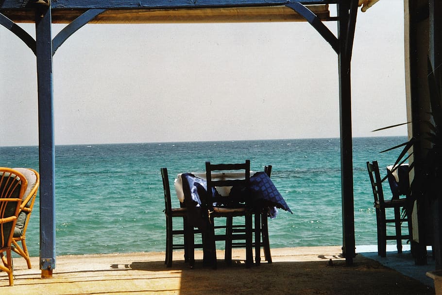 sea, water, horizon, horizon over water, chair, seat, nature HD wallpaper