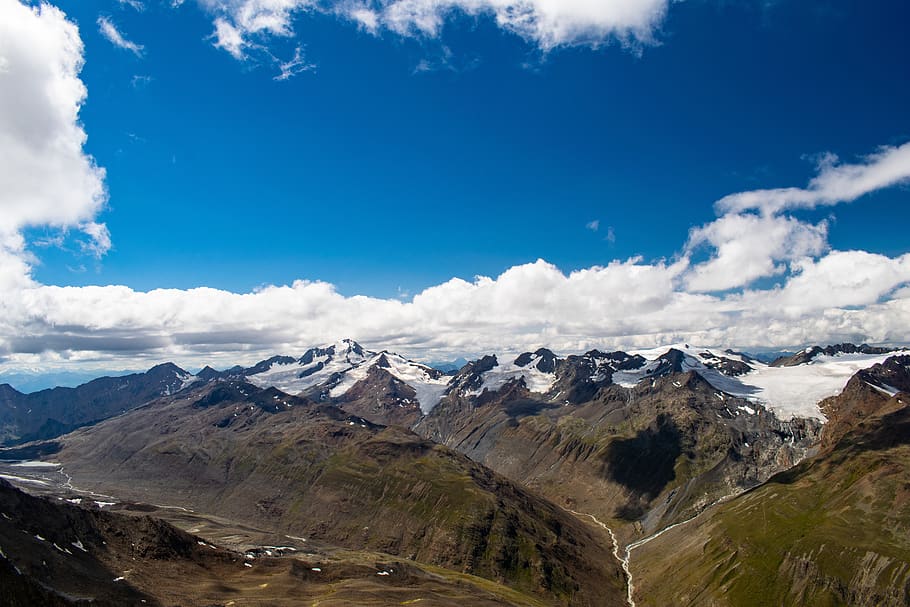 alps, mountains, panorama, clouds, view, height, glacier, summer HD wallpaper